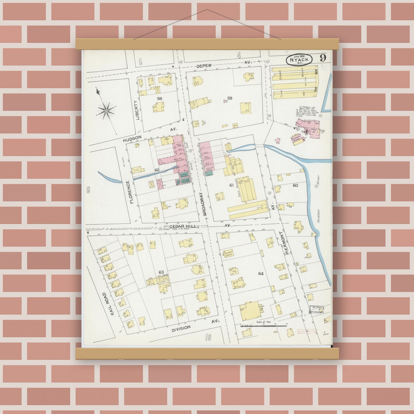 Old map wall art mockup — magnetic wood frame on brick wall — Sanborn Fire Insurance Map from Nyack, Rockland County, New York. (1892), Sheet #0009