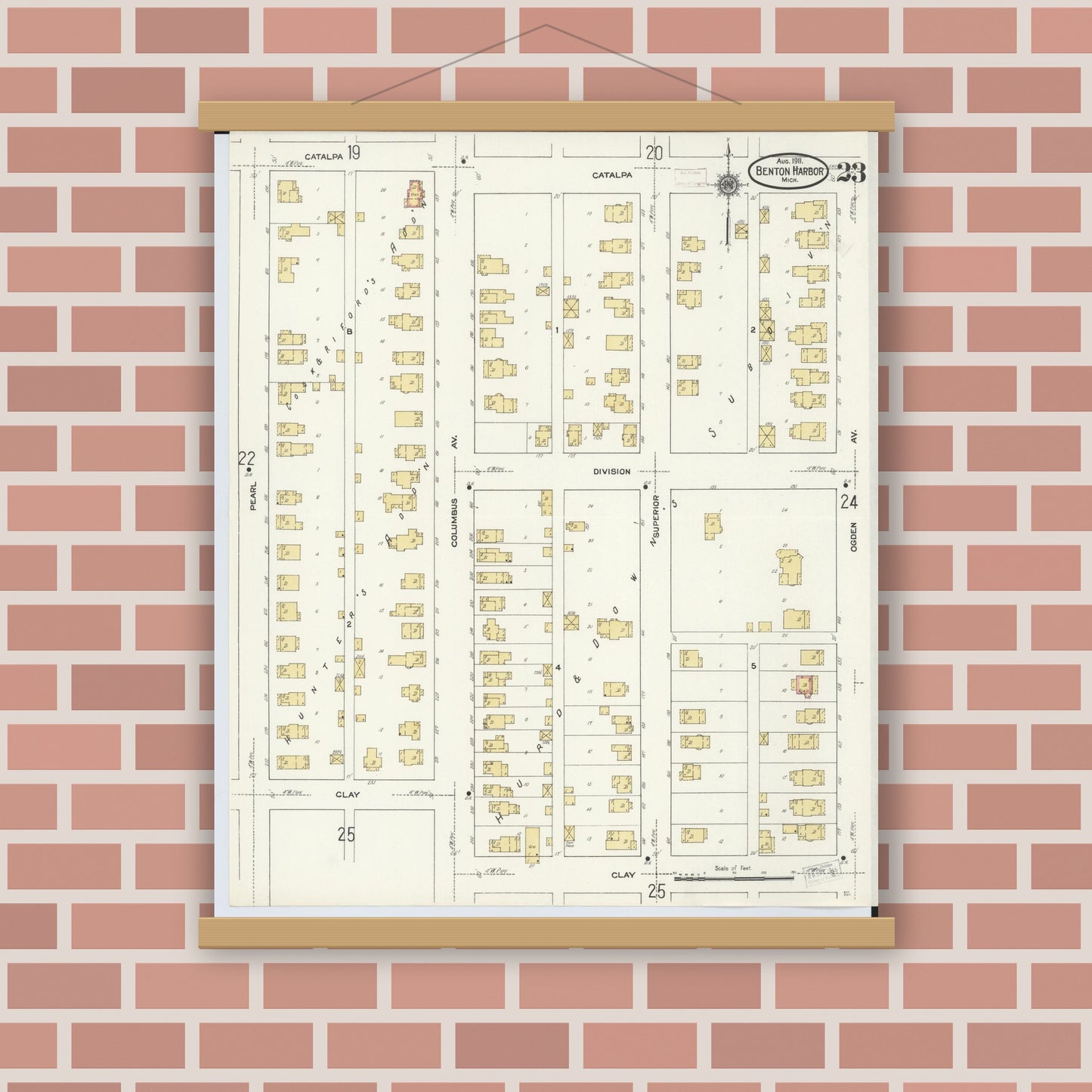 Old map wall art mockup — magnetic wood frame on brick wall — Sanborn Fire Insurance Map from Benton Harbor, Berrien County, Michigan (1911), Sheet #0023