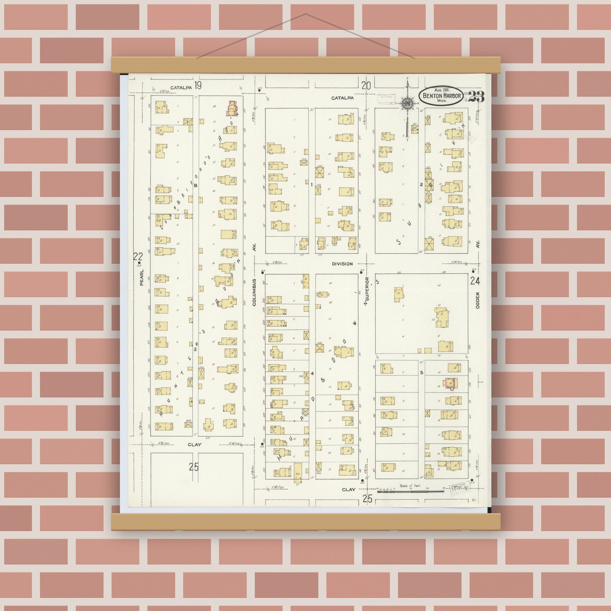 Old map wall art mockup — magnetic wood frame on brick wall — Sanborn Fire Insurance Map from Benton Harbor, Berrien County, Michigan (1911), Sheet #0023