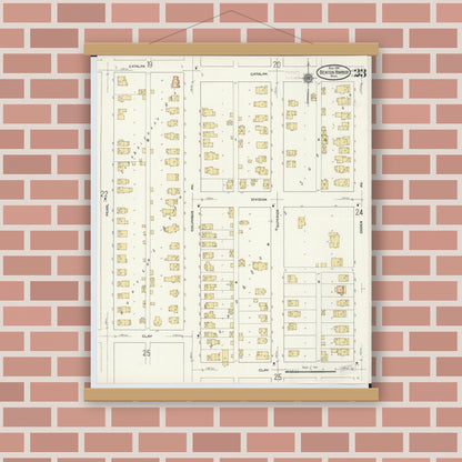 Old map wall art mockup — magnetic wood frame on brick wall — Sanborn Fire Insurance Map from Benton Harbor, Berrien County, Michigan (1911), Sheet #0023
