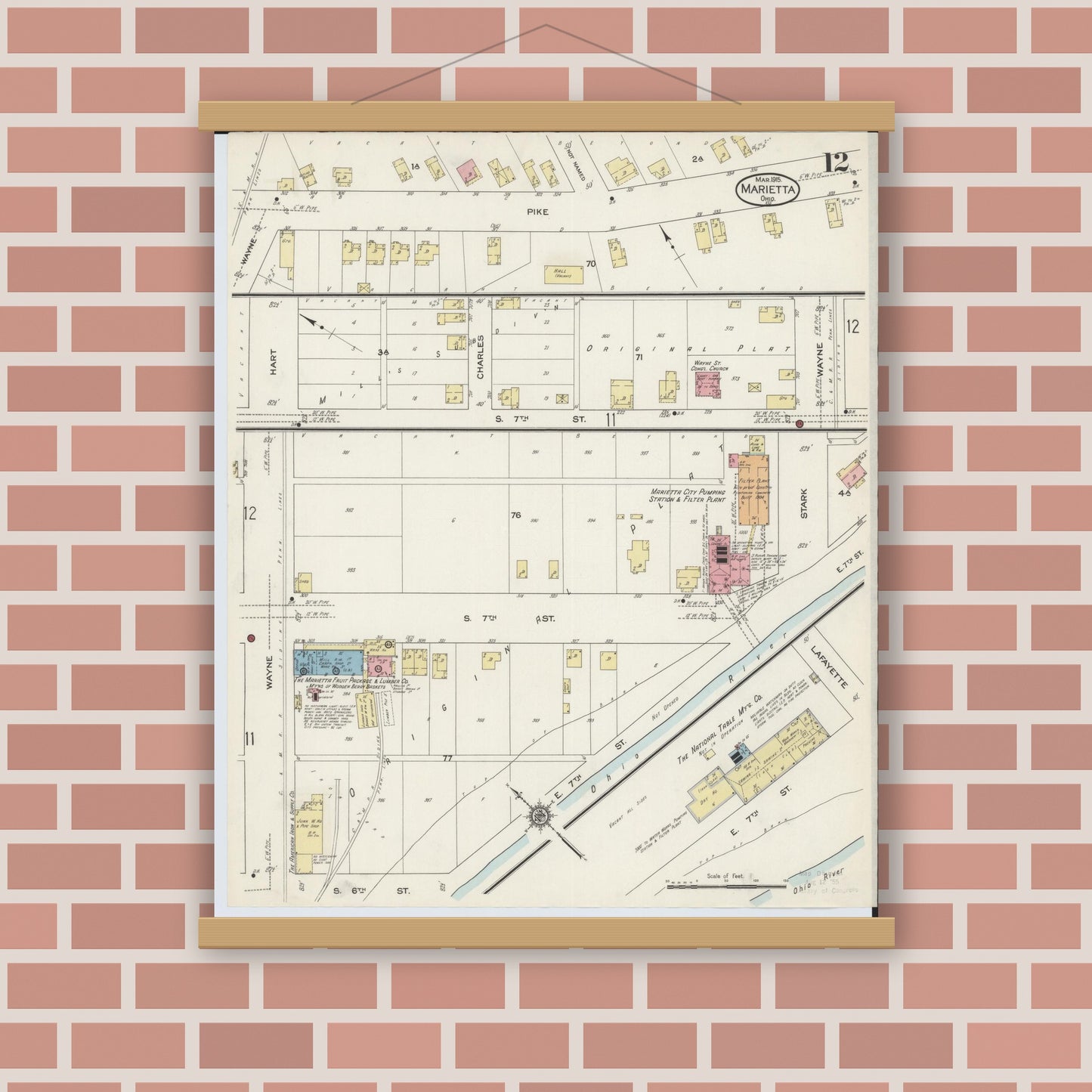 Old map wall art mockup — magnetic wood frame on brick wall — Sanborn Fire Insurance Map from Marietta, Washington County, Ohio (1915), Sheet #0012