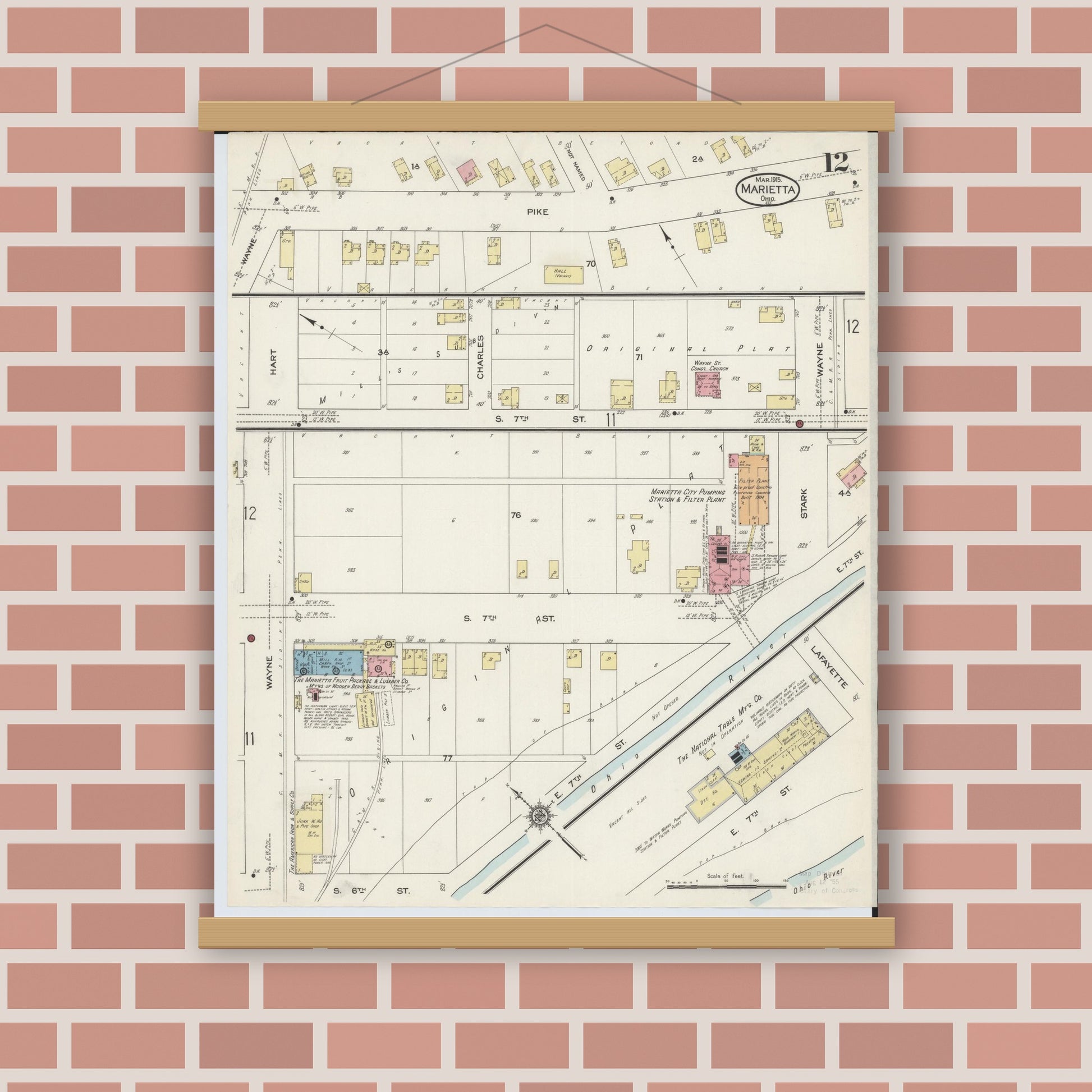 Old map wall art mockup — magnetic wood frame on brick wall — Sanborn Fire Insurance Map from Marietta, Washington County, Ohio (1915), Sheet #0012