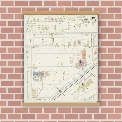 Old map wall art mockup — magnetic wood frame on brick wall — Sanborn Fire Insurance Map from Marietta, Washington County, Ohio (1915), Sheet #0012