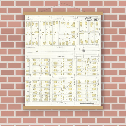 Old map wall art mockup — magnetic wood frame on brick wall — Sanborn Fire Insurance Map from Herrin, Williamson County, Illinois (1922), Sheet #0010