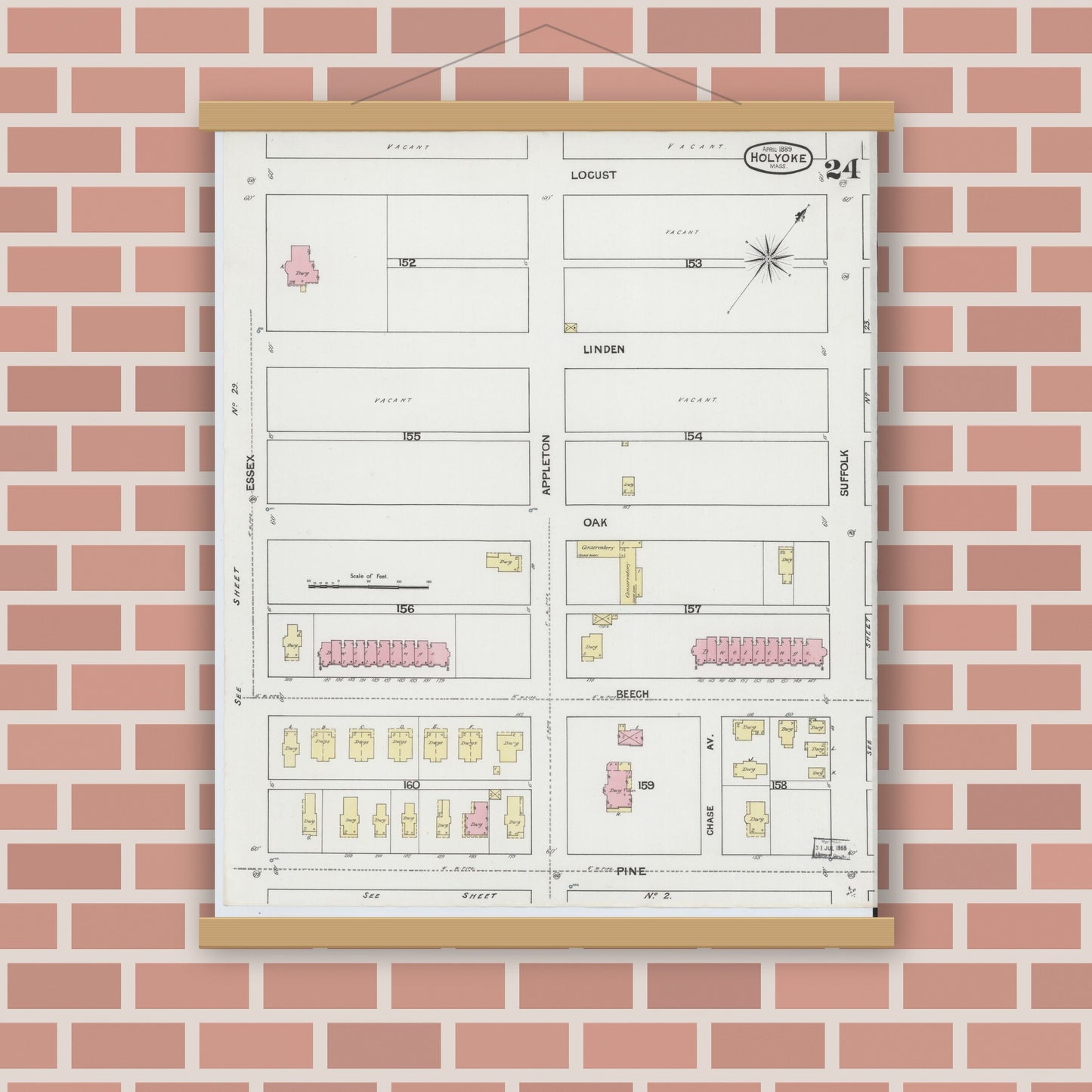 Old map wall art mockup — magnetic wood frame on brick wall — Sanborn Fire Insurance Map from Holyoke, Hampden County, Massachusetts (1889), Sheet #0024
