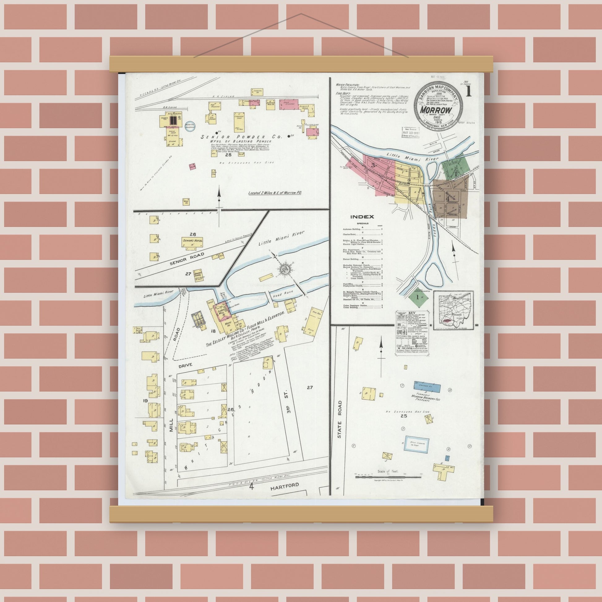 Old map wall art mockup — magnetic wood frame on brick wall — Sanborn Fire Insurance Map from Morrow, Warren County, Ohio (1919) - Complete Map Set