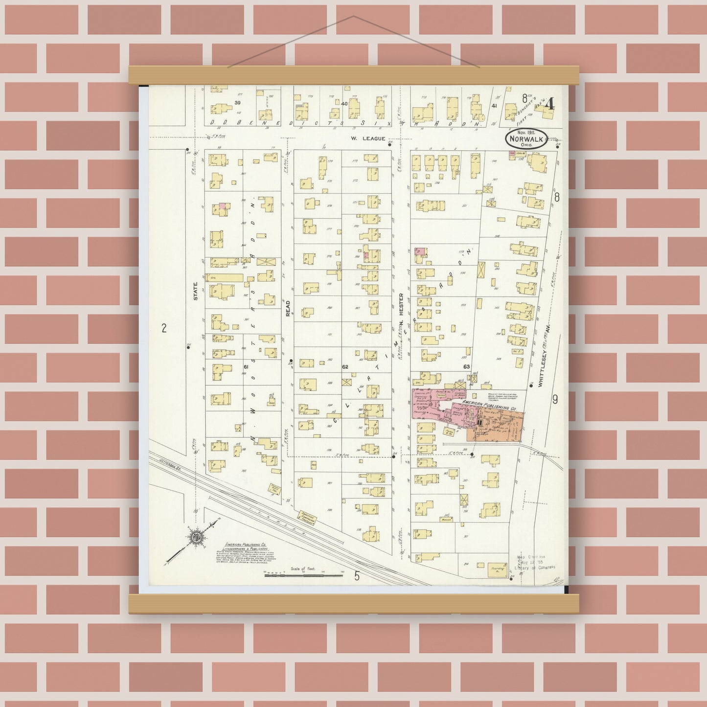 Old map wall art mockup — magnetic wood frame on brick wall — Sanborn Fire Insurance Map from Norwalk, Huron County, Ohio (1911), Sheet #0004