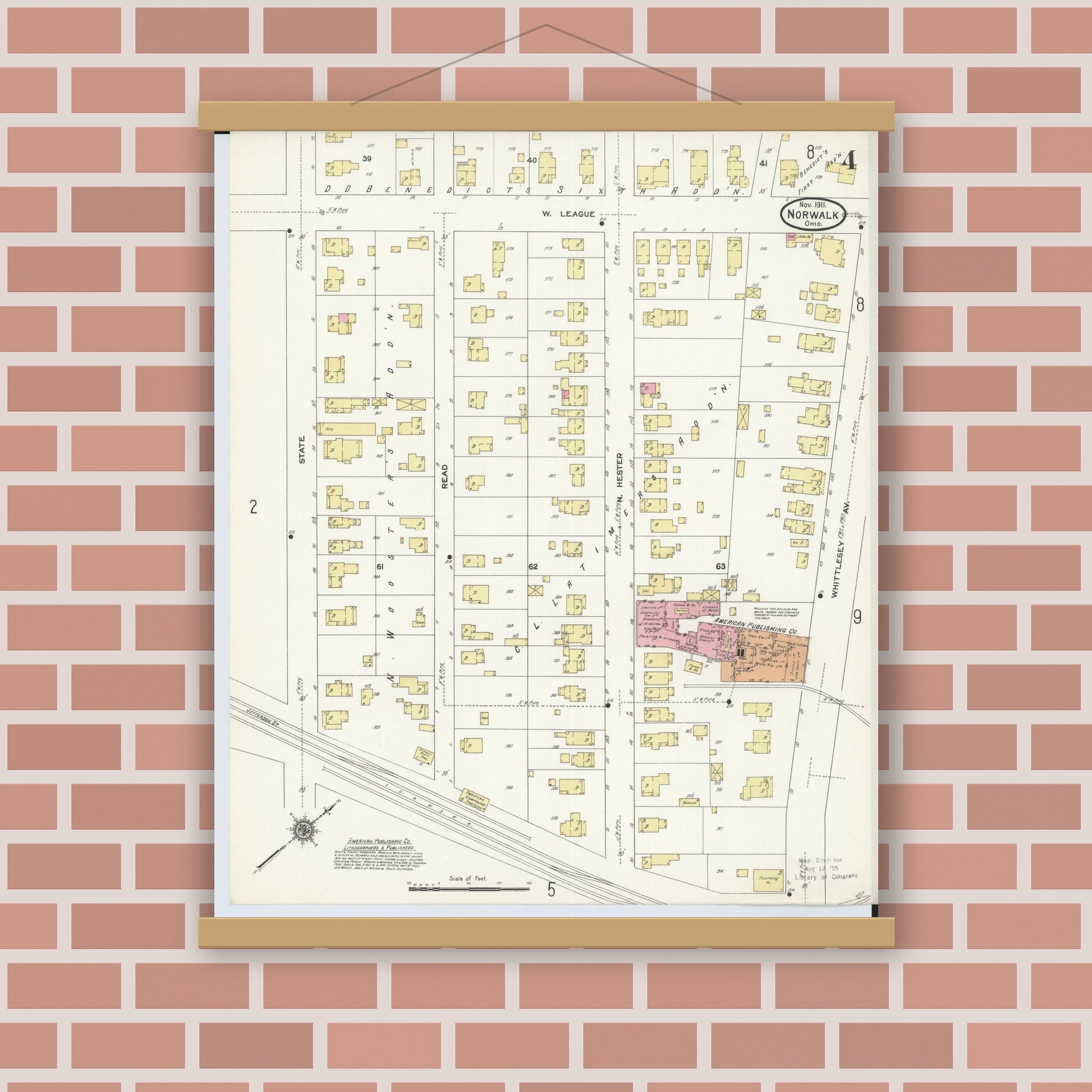 Old map wall art mockup — magnetic wood frame on brick wall — Sanborn Fire Insurance Map from Norwalk, Huron County, Ohio (1911), Sheet #0004