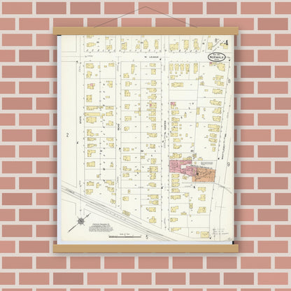 Old map wall art mockup — magnetic wood frame on brick wall — Sanborn Fire Insurance Map from Norwalk, Huron County, Ohio (1911), Sheet #0004