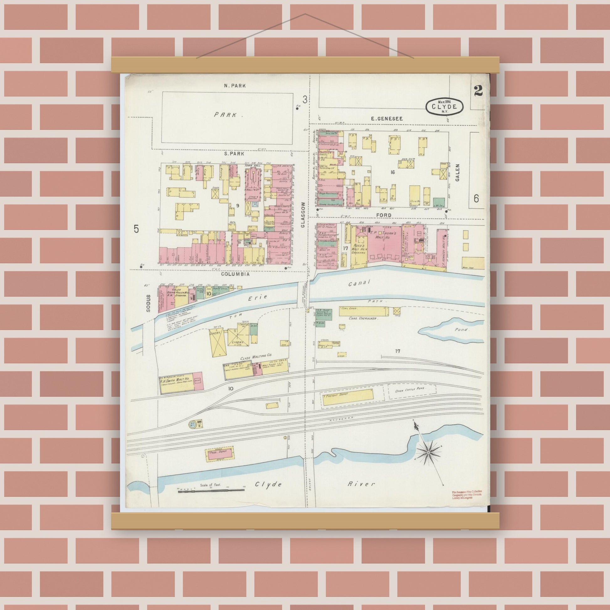 Old map wall art mockup — magnetic wood frame on brick wall — Sanborn Fire Insurance Map from Clyde, Wayne County, New York (1896), Sheet #0002