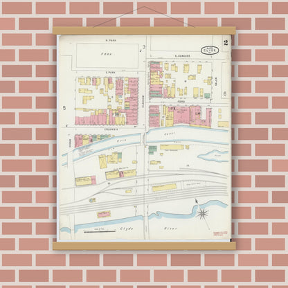 Old map wall art mockup — magnetic wood frame on brick wall — Sanborn Fire Insurance Map from Clyde, Wayne County, New York (1896), Sheet #0002