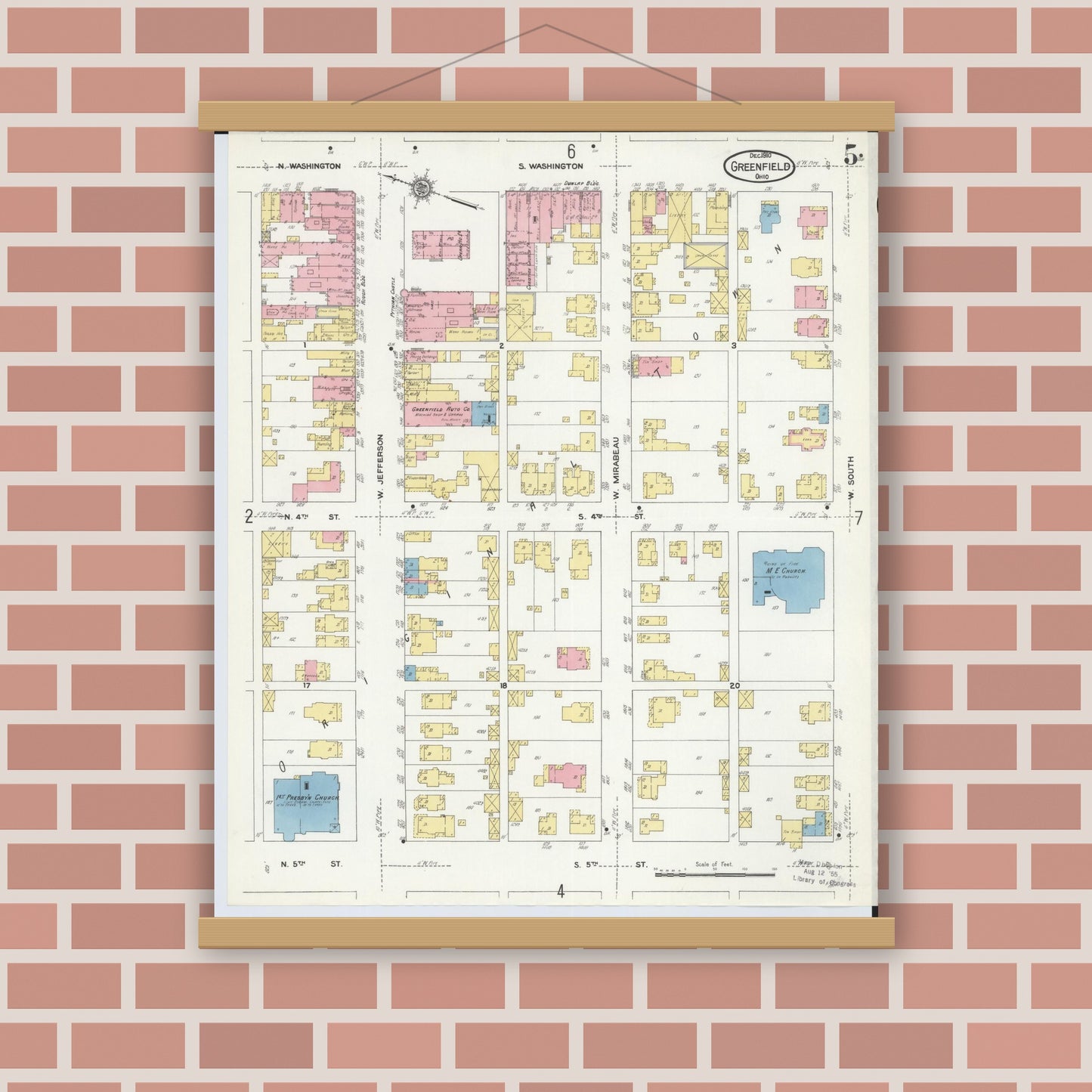 Old map wall art mockup — magnetic wood frame on brick wall — Sanborn Fire Insurance Map from Greenfield, Highland County, Ohio (1910), Sheet #0005