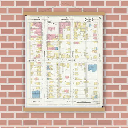 Old map wall art mockup — magnetic wood frame on brick wall — Sanborn Fire Insurance Map from Greenfield, Highland County, Ohio (1910), Sheet #0005