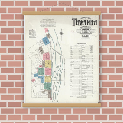 Old map wall art mockup — magnetic wood frame on brick wall — Sanborn Fire Insurance Map from Towanda, Bradford County, Pennsylvania (1911) - Complete Map Set