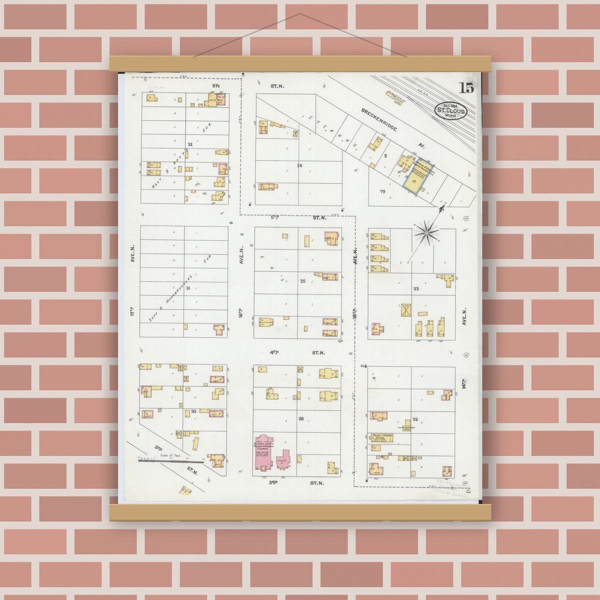 Old map wall art mockup — magnetic wood frame on brick wall — Sanborn Fire Insurance Map from Saint Cloud, Stearns, Benton, and Sherburne Counties, Minnesota (1904), Sheet #0015
