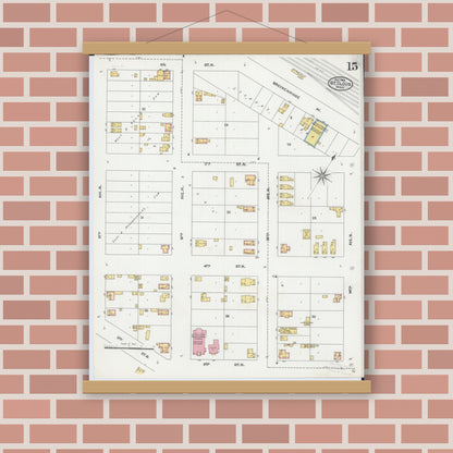 Old map wall art mockup — magnetic wood frame on brick wall — Sanborn Fire Insurance Map from Saint Cloud, Stearns, Benton, and Sherburne Counties, Minnesota (1904), Sheet #0015