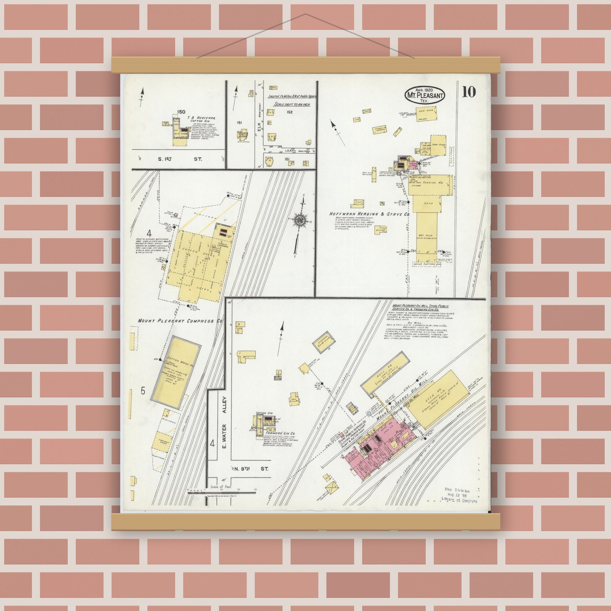 Old map wall art mockup — magnetic wood frame on brick wall — Sanborn Fire Insurance Map from Mount Pleasant, Titus County, Texas (1920), Sheet #0010