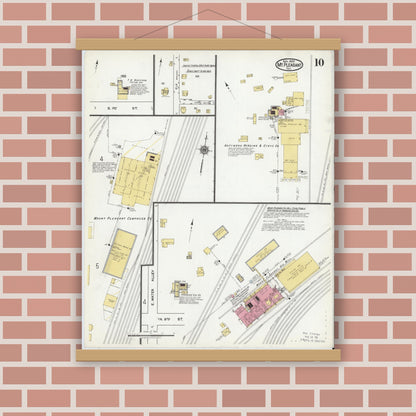 Old map wall art mockup — magnetic wood frame on brick wall — Sanborn Fire Insurance Map from Mount Pleasant, Titus County, Texas (1920), Sheet #0010