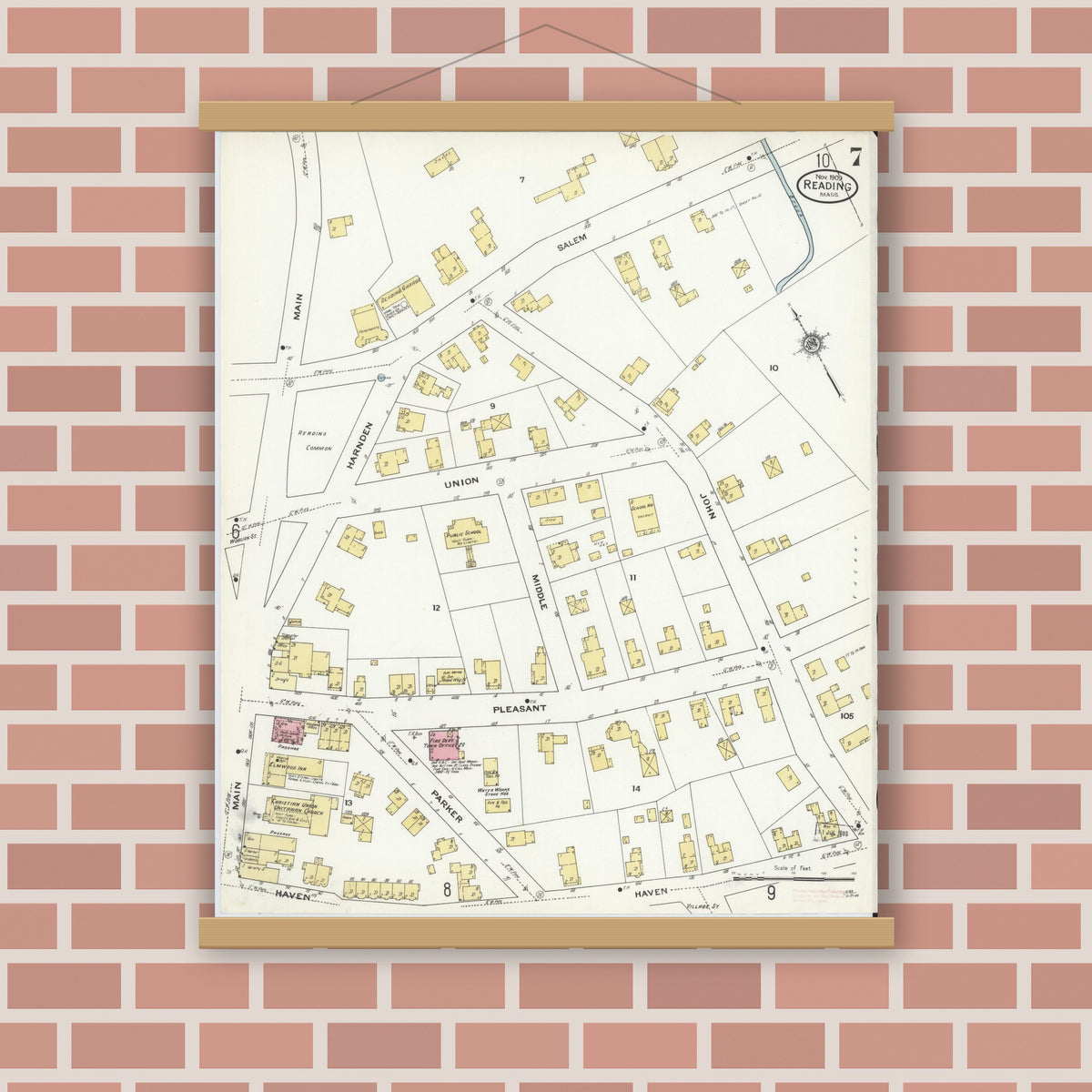Old map wall art mockup — magnetic wood frame on brick wall — Sanborn Fire Insurance Map from Reading, Middlesex County, Massachusetts (1909), Sheet #0007