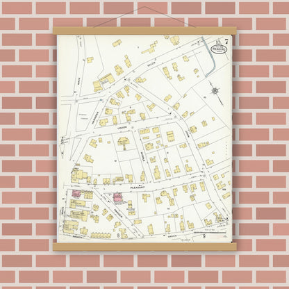 Old map wall art mockup — magnetic wood frame on brick wall — Sanborn Fire Insurance Map from Reading, Middlesex County, Massachusetts (1909), Sheet #0007