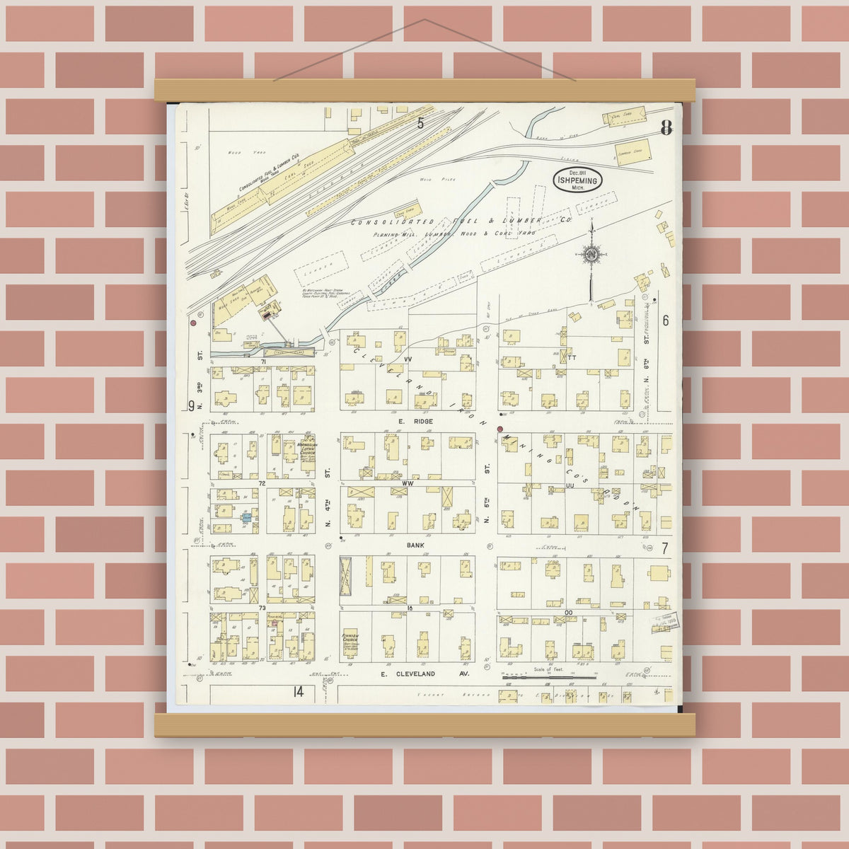 Old map wall art mockup — magnetic wood frame on brick wall — Sanborn Fire Insurance Map from Ishpeming, Marquette County, Michigan (1911), Sheet #0008