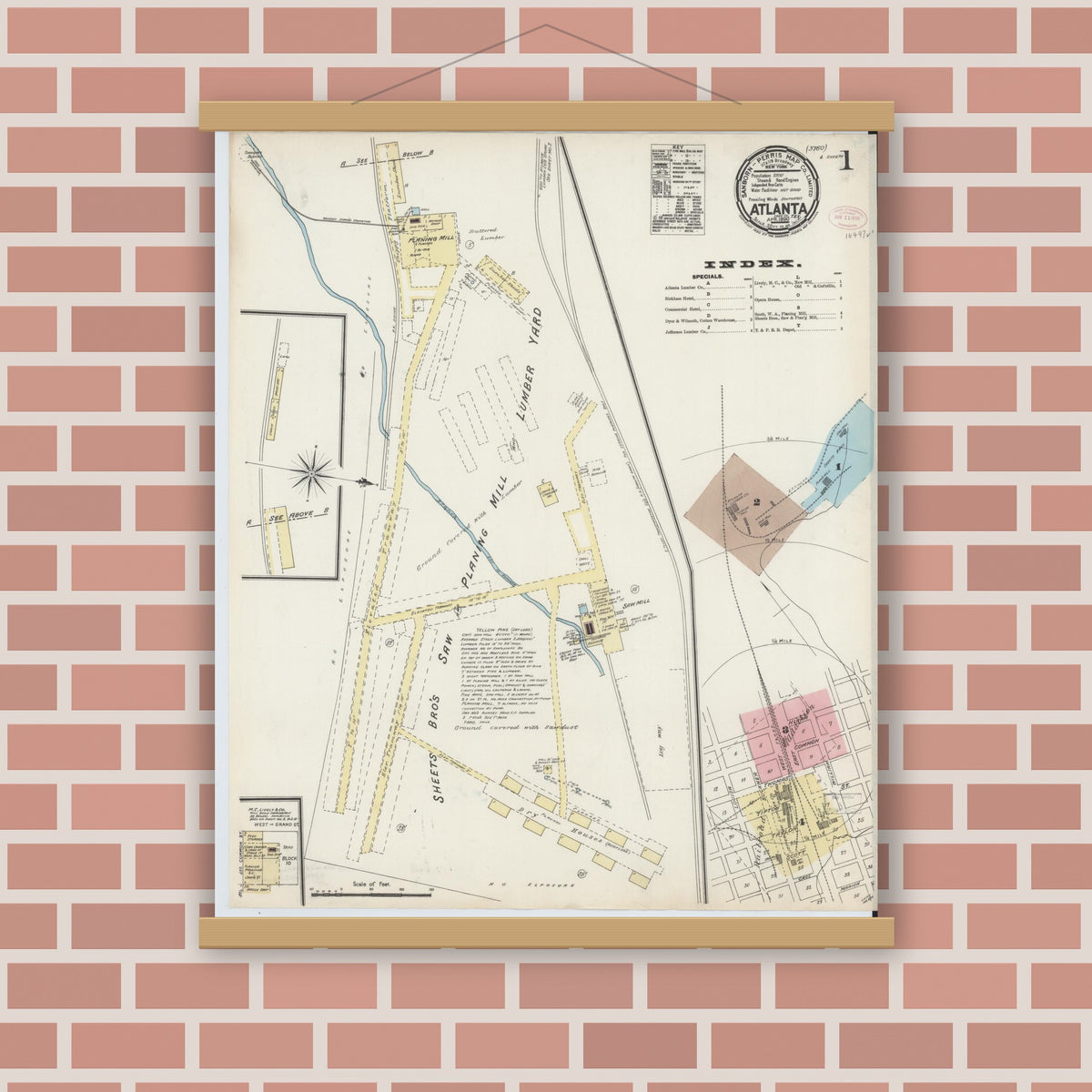 Old map wall art mockup — magnetic wood frame on brick wall — Sanborn Fire Insurance Map from Atlanta, Cass County, Texas (1890) - Complete Map Set