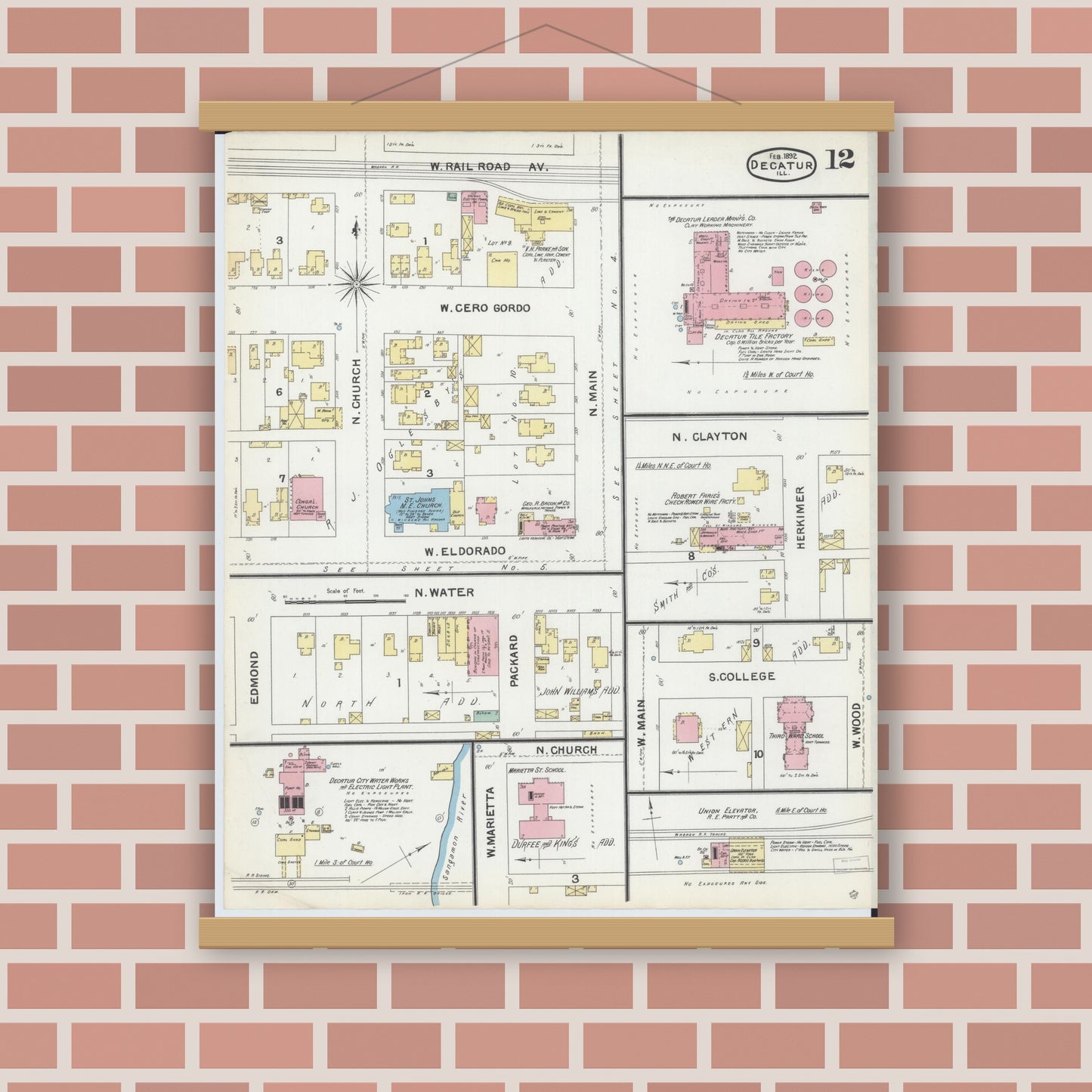 Old map wall art mockup — magnetic wood frame on brick wall — Sanborn Fire Insurance Map from Decatur, Macon County, Illinois (1892), Sheet #0012