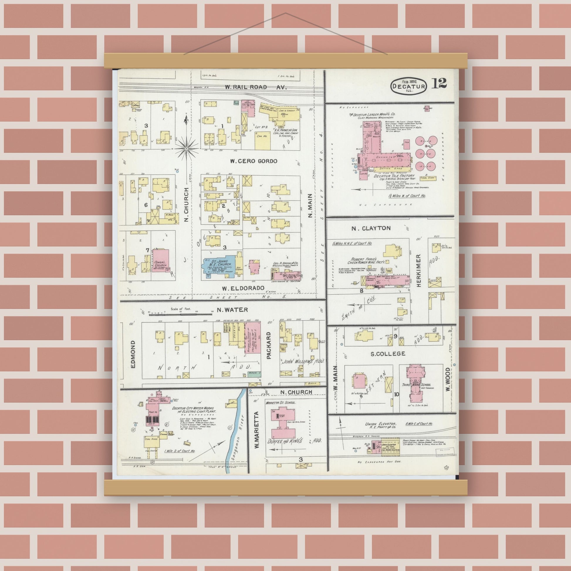 Old map wall art mockup — magnetic wood frame on brick wall — Sanborn Fire Insurance Map from Decatur, Macon County, Illinois (1892), Sheet #0012