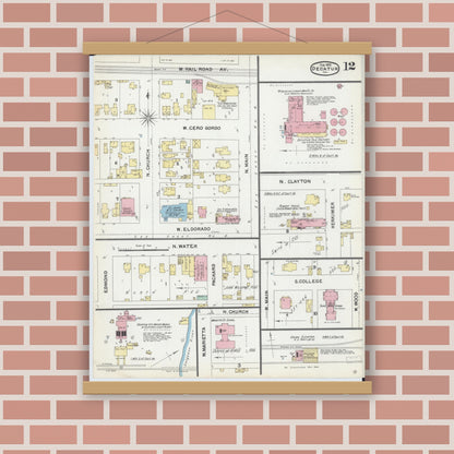 Old map wall art mockup — magnetic wood frame on brick wall — Sanborn Fire Insurance Map from Decatur, Macon County, Illinois (1892), Sheet #0012