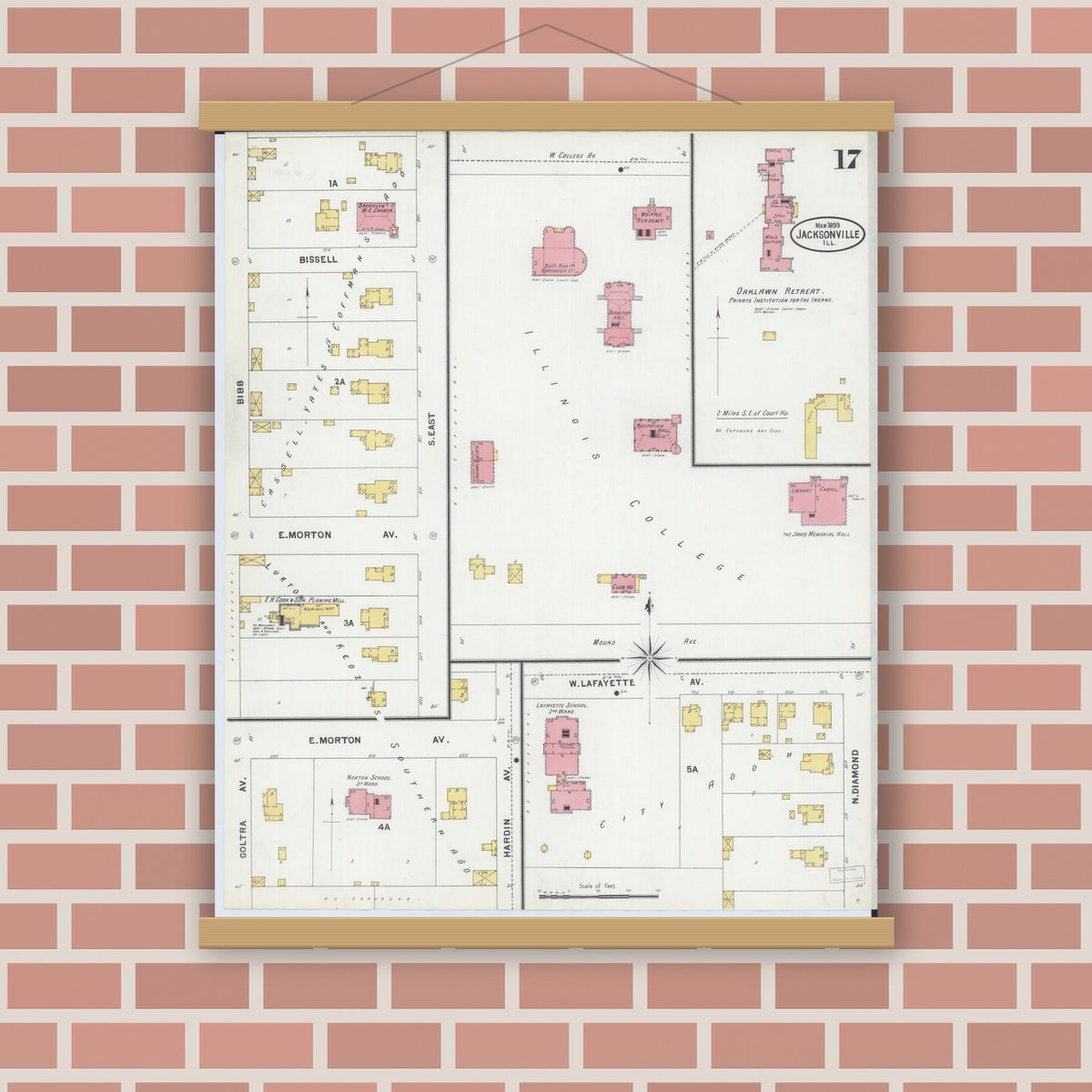 Old map wall art mockup — magnetic wood frame on brick wall — Sanborn Fire Insurance Map from Jacksonville, Morgan County, Illinois (1899), Sheet #0017