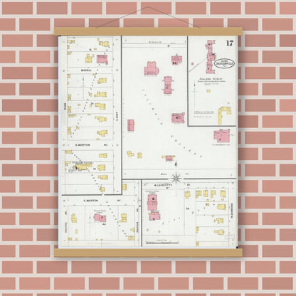 Old map wall art mockup — magnetic wood frame on brick wall — Sanborn Fire Insurance Map from Jacksonville, Morgan County, Illinois (1899), Sheet #0017