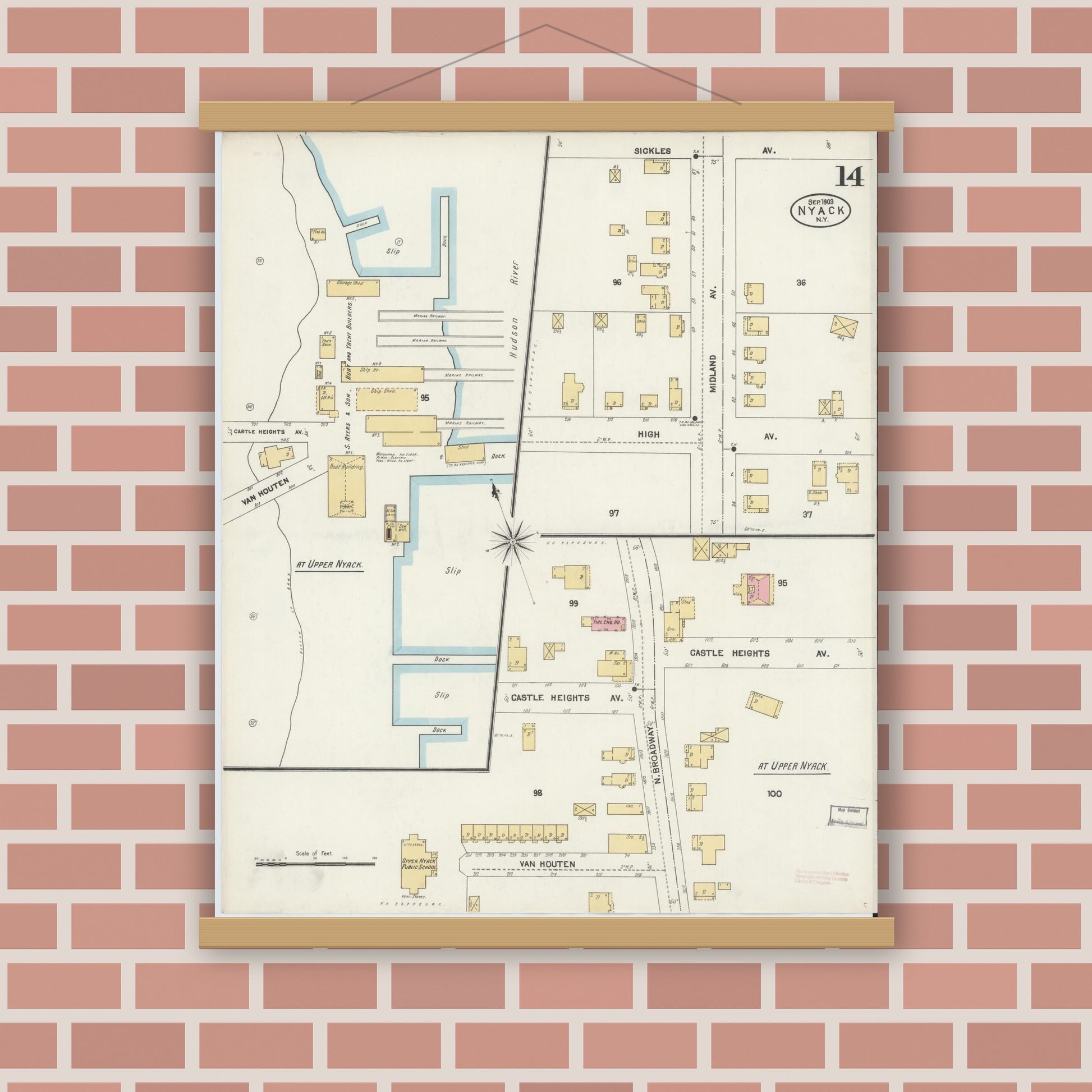 Old map wall art mockup — magnetic wood frame on brick wall — Sanborn Fire Insurance Map from Nyack, Rockland County, New York. (1903), Sheet #0014
