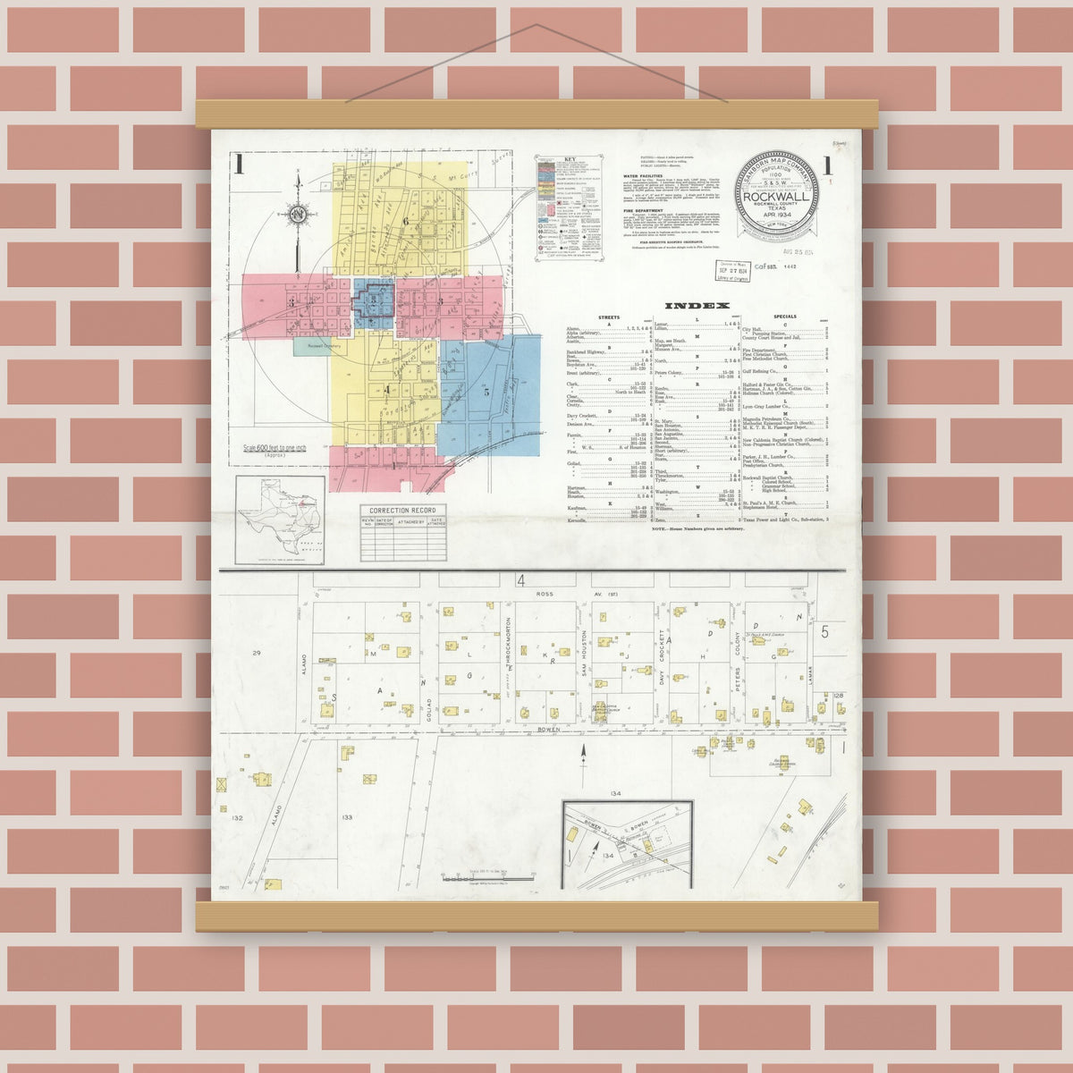Old map wall art mockup — magnetic wood frame on brick wall — Sanborn Fire Insurance Map from Rockwall, Rockwall County, Texas (1934) - Complete Map Set