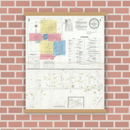 Old map wall art mockup — magnetic wood frame on brick wall — Sanborn Fire Insurance Map from Rockwall, Rockwall County, Texas (1934) - Complete Map Set