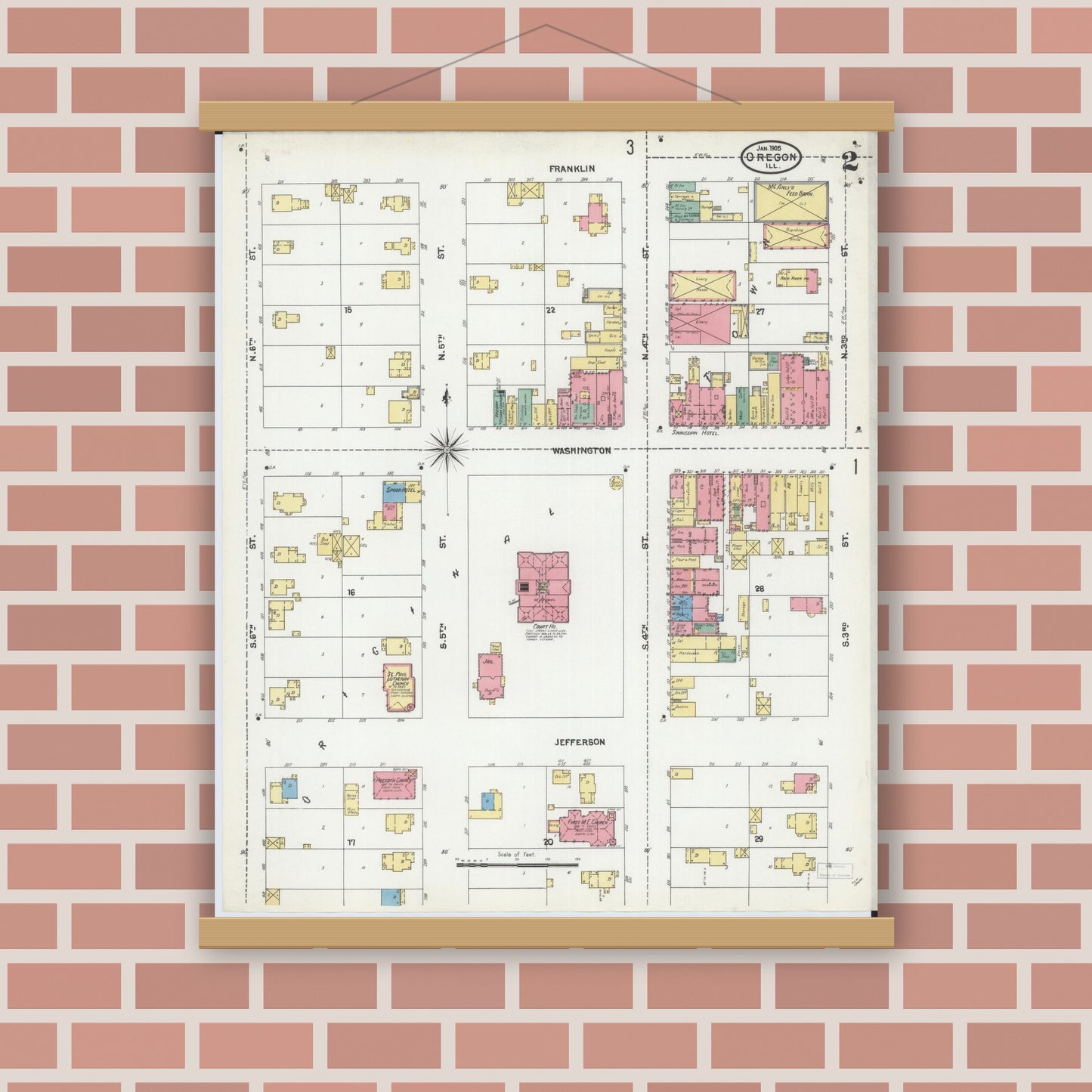 Old map wall art mockup — magnetic wood frame on brick wall — Sanborn Fire Insurance Map from Oregon, Ogle County, Illinois (1905), Sheet #0002