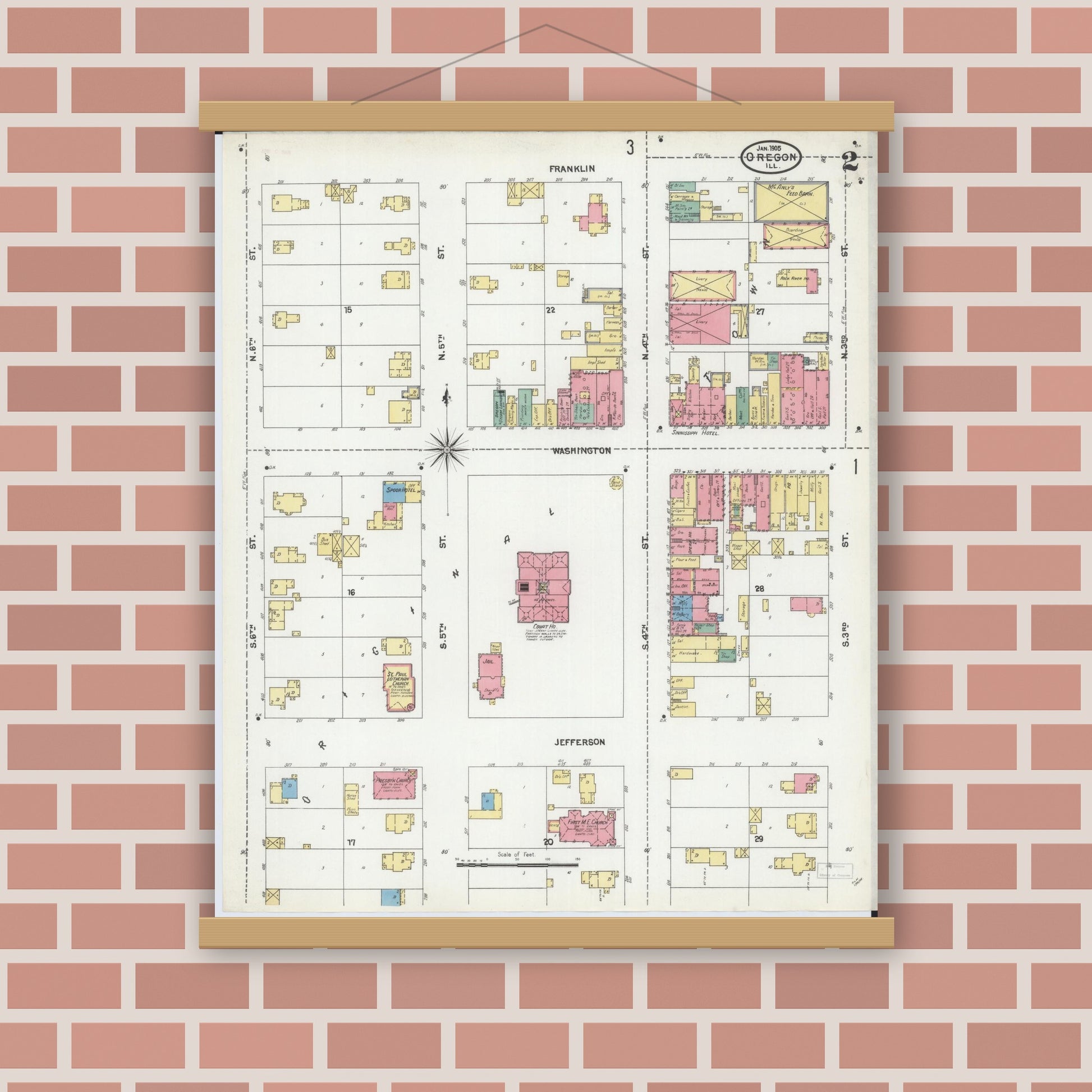 Old map wall art mockup — magnetic wood frame on brick wall — Sanborn Fire Insurance Map from Oregon, Ogle County, Illinois (1905), Sheet #0002