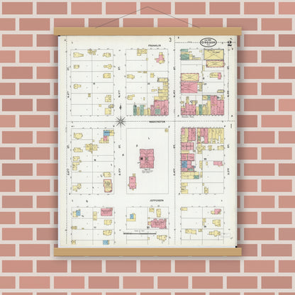 Old map wall art mockup — magnetic wood frame on brick wall — Sanborn Fire Insurance Map from Oregon, Ogle County, Illinois (1905), Sheet #0002