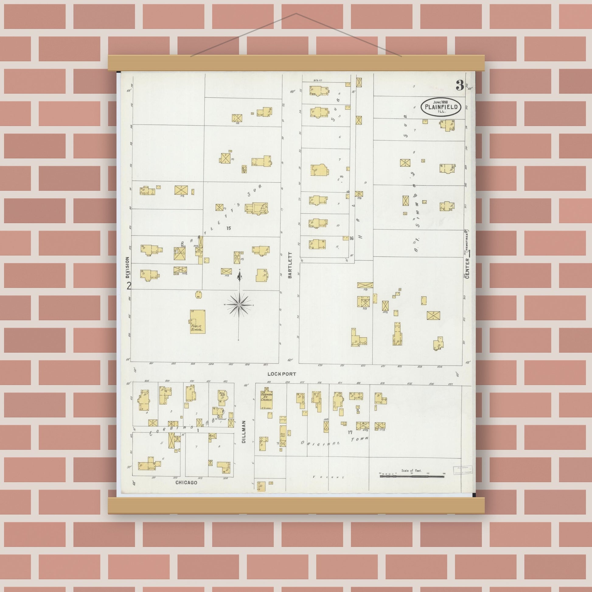 Old map wall art mockup — magnetic wood frame on brick wall — Sanborn Fire Insurance Map from Plainfield, Will County, Illinois (1898), Sheet #0003
