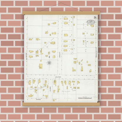 Old map wall art mockup — magnetic wood frame on brick wall — Sanborn Fire Insurance Map from Plainfield, Will County, Illinois (1898), Sheet #0003