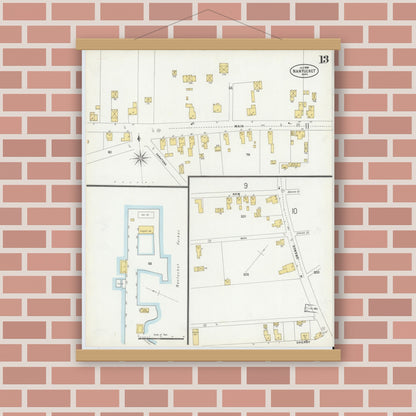 Old map wall art mockup — magnetic wood frame on brick wall — Sanborn Fire Insurance Map from Nantucket, Nantucket County, Massachusetts (1898), Sheet #0013