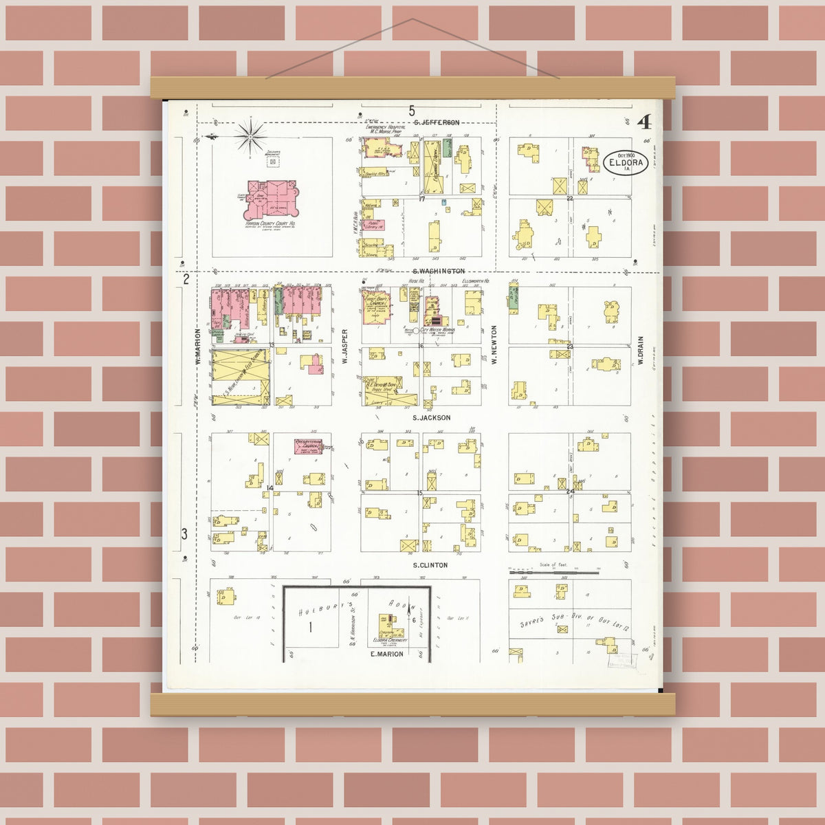 Old map wall art mockup — magnetic wood frame on brick wall — Sanborn Fire Insurance Map from Eldora, Hardin County, Iowa (1900), Sheet #0004