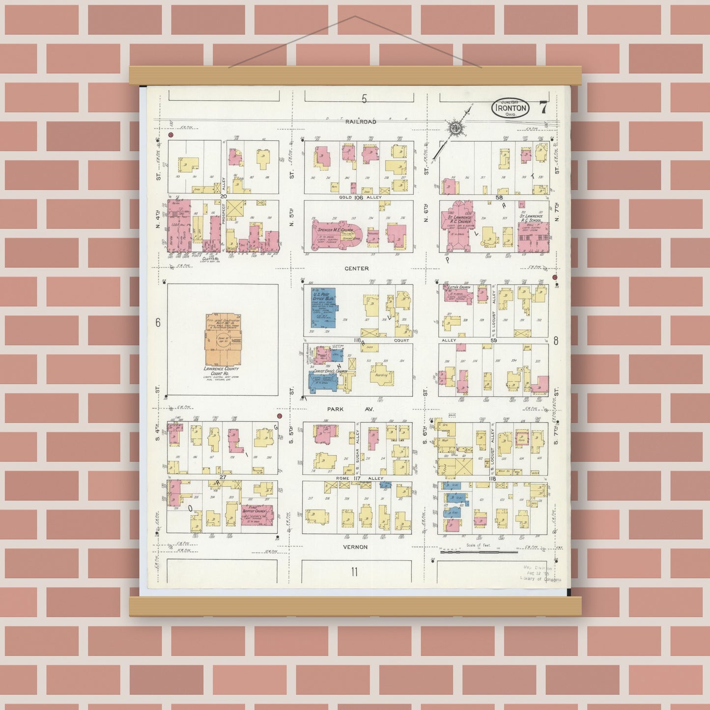 Old map wall art mockup — magnetic wood frame on brick wall — Sanborn Fire Insurance Map from Ironton, Lawrence County, Ohio (1916), Sheet #0007