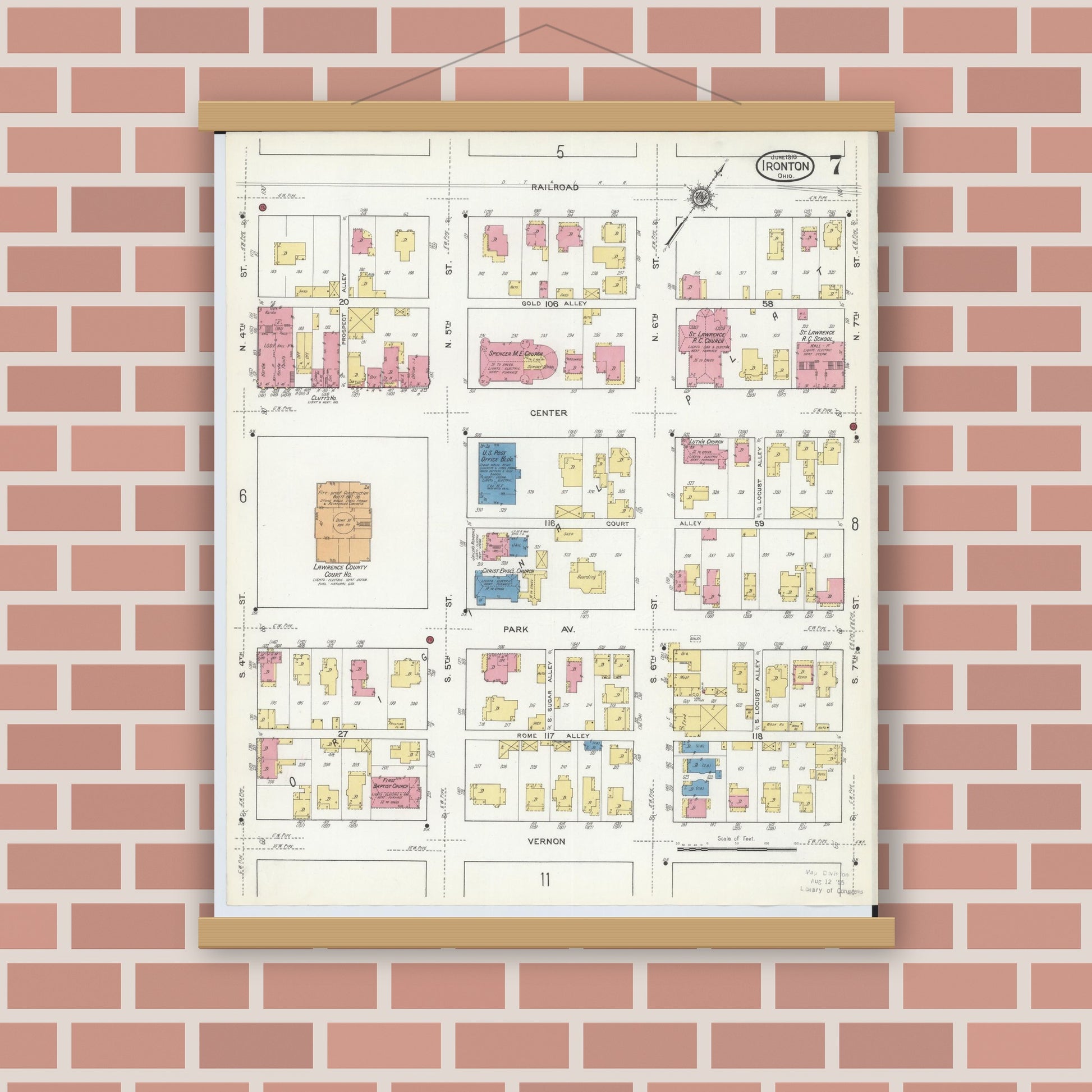 Old map wall art mockup — magnetic wood frame on brick wall — Sanborn Fire Insurance Map from Ironton, Lawrence County, Ohio (1916), Sheet #0007