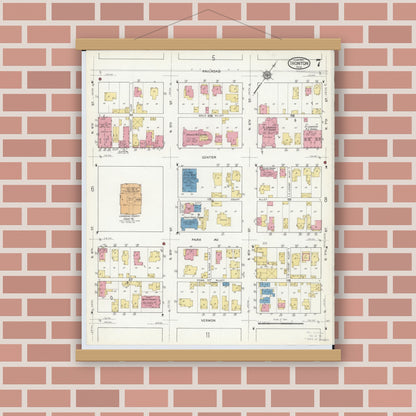Old map wall art mockup — magnetic wood frame on brick wall — Sanborn Fire Insurance Map from Ironton, Lawrence County, Ohio (1916), Sheet #0007