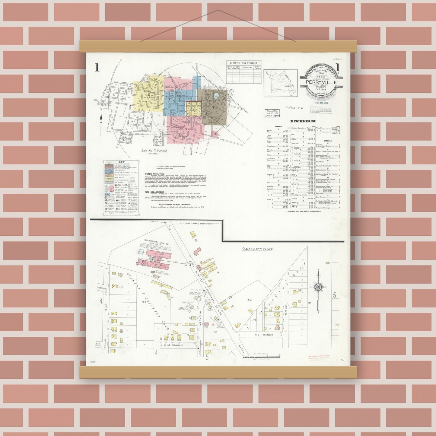 Old map wall art mockup — magnetic wood frame on brick wall — Sanborn Fire Insurance Map from Perryville, Perry County, Missouri (1938), Sheet #0001