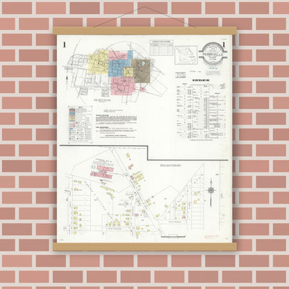 Old map wall art mockup — magnetic wood frame on brick wall — Sanborn Fire Insurance Map from Perryville, Perry County, Missouri (1938), Sheet #0001