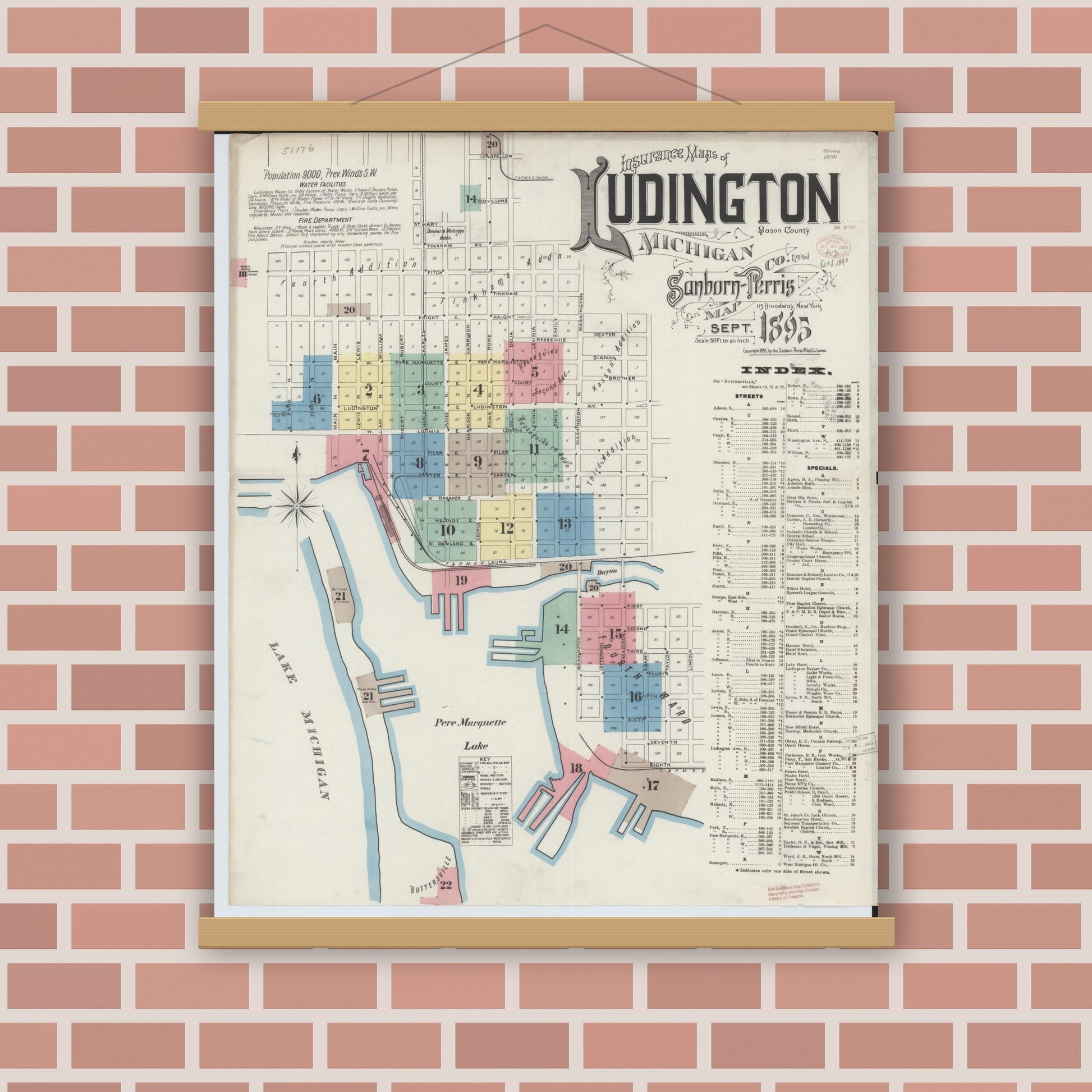 Old map wall art mockup — magnetic wood frame on brick wall — Sanborn Fire Insurance Map from Ludington, Mason County, Michigan (1895) - Complete Map Set