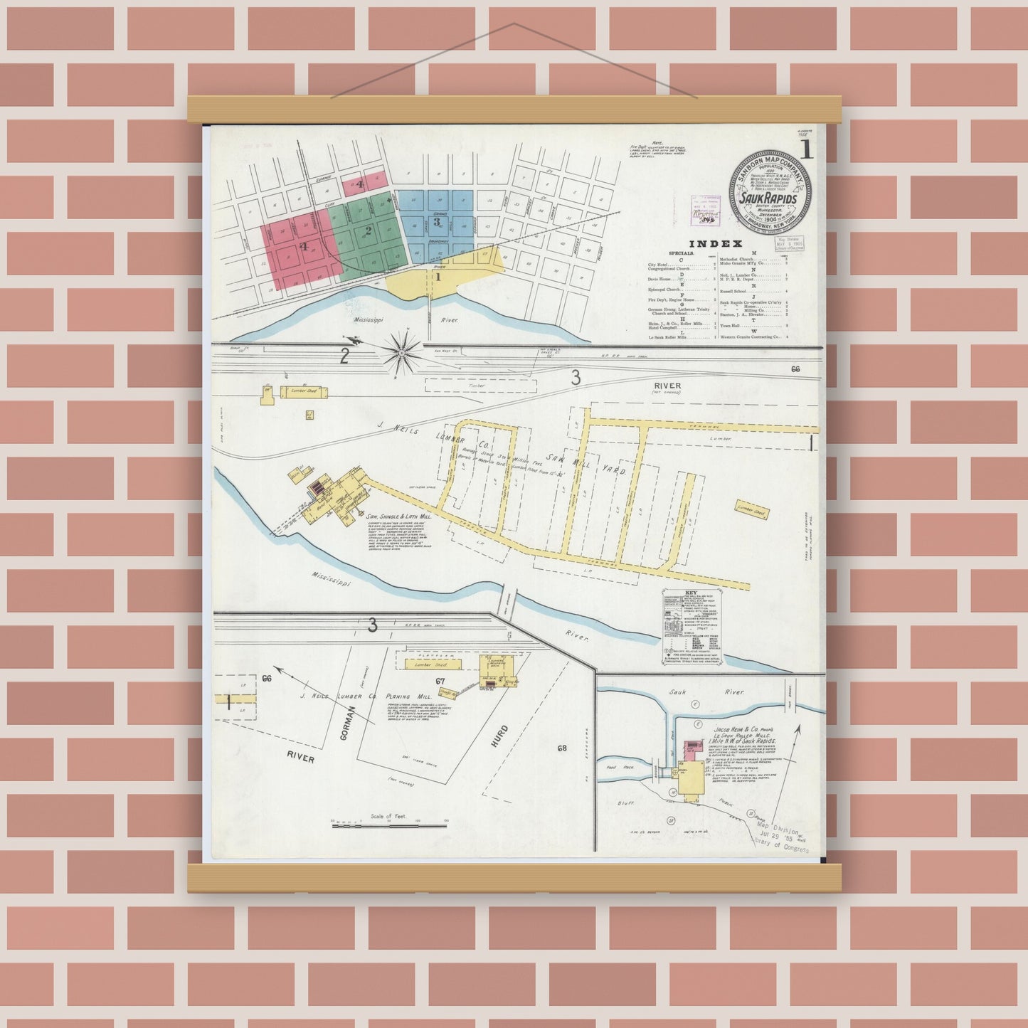Old map wall art mockup — magnetic wood frame on brick wall — Sanborn Fire Insurance Map from Sauk Rapids, Benton County, Minnesota (1904), Sheet #0001