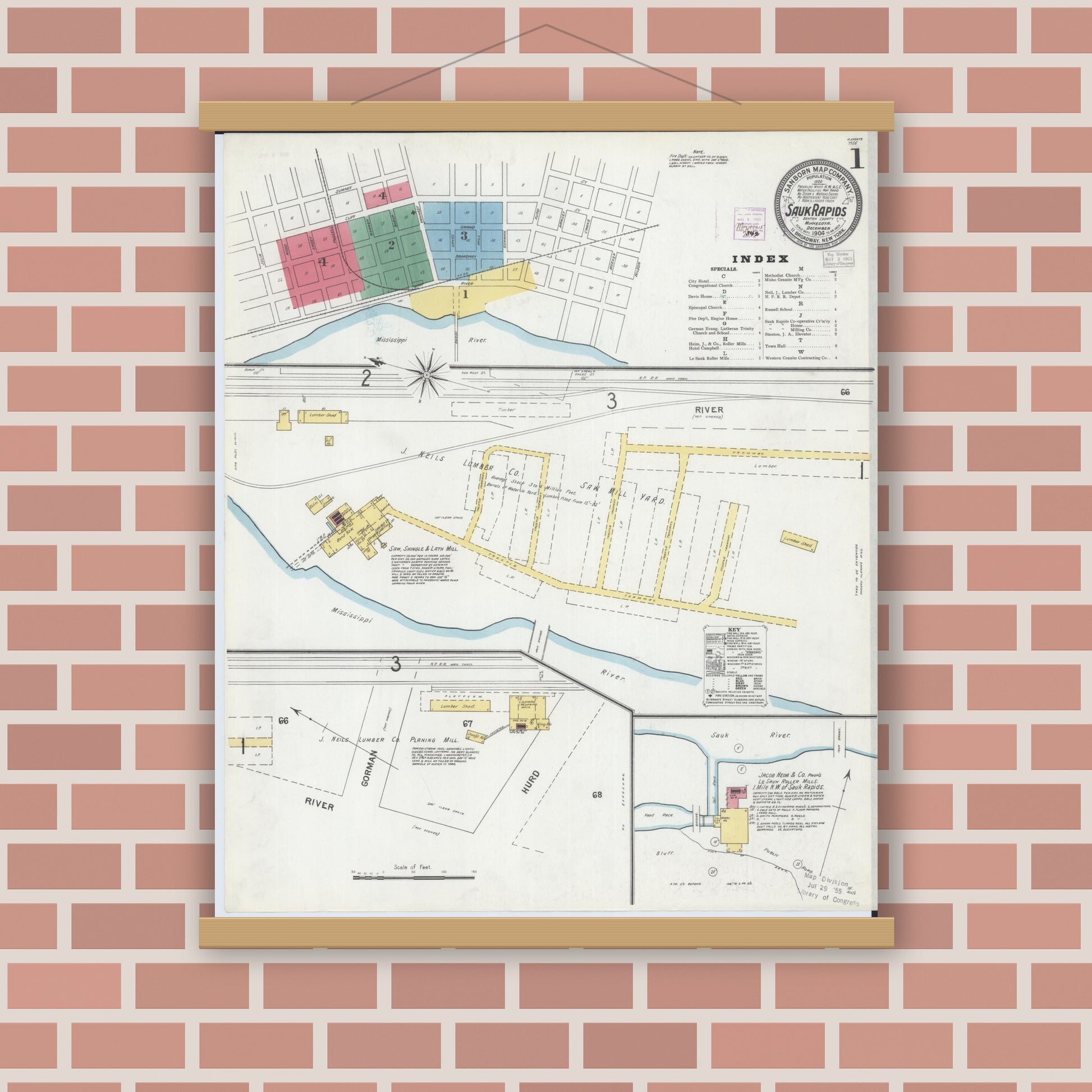 Old map wall art mockup — magnetic wood frame on brick wall — Sanborn Fire Insurance Map from Sauk Rapids, Benton County, Minnesota (1904), Sheet #0001