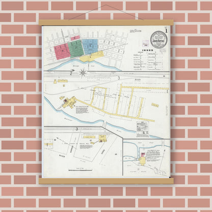 Old map wall art mockup — magnetic wood frame on brick wall — Sanborn Fire Insurance Map from Sauk Rapids, Benton County, Minnesota (1904), Sheet #0001